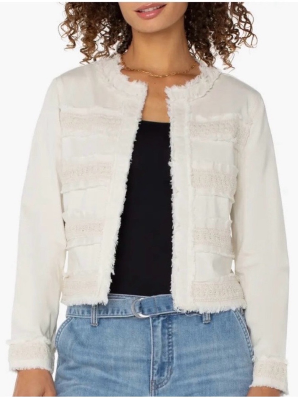 Liverpool Los Angeles Fray and Lace Cream Fringe Trim Open Front Jacket - XS NWT